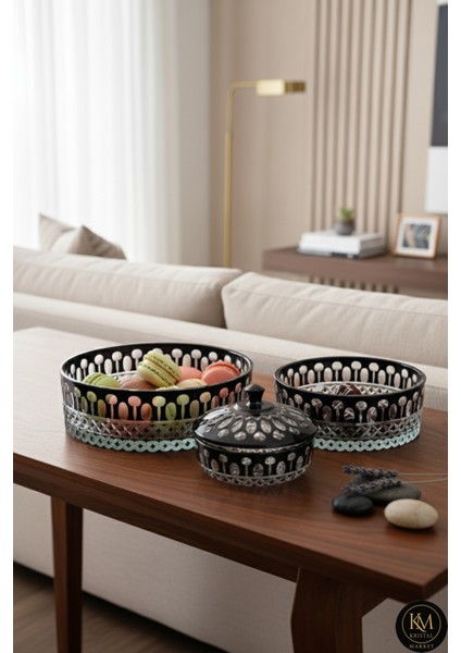 El Yapımı Kristal Kesme Beykoz Desen Dekoratif Sofra Sunum Seti 3'lü