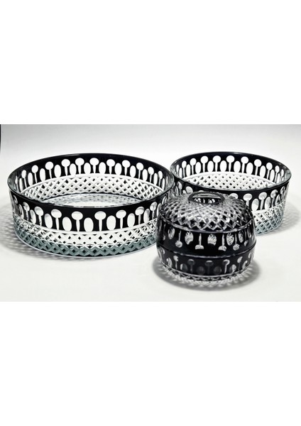 El Yapımı Kristal Kesme Beykoz Desen Dekoratif Sofra Sunum Seti 3'lü modelleri