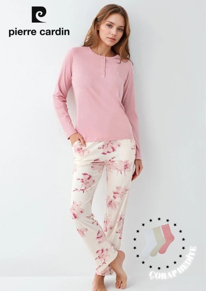 Kadın Giyim Düğme Detaylı Modal & Pamuk Uzun Kol 2'li Pembe Pijama Takımı L1.PC.9055.001