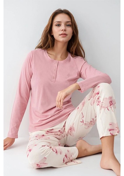 Kadın Giyim Düğme Detaylı Modal & Pamuk Uzun Kol 2'li Pembe Pijama Takımı L1.PC.9055.001 modelleri