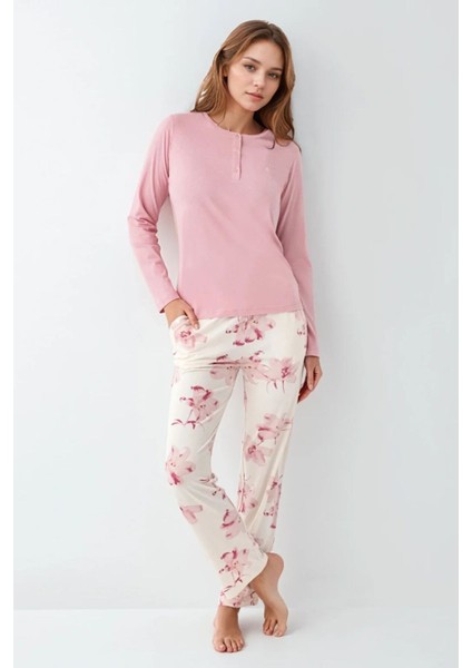 Kadın Giyim Düğme Detaylı Modal & Pamuk Uzun Kol 2'li Pembe Pijama Takımı L1.PC.9055.001 fırsatları