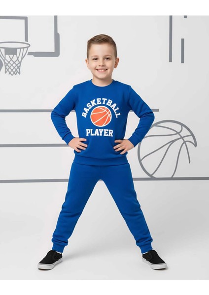 Erkek Çocuk Sportif Baskılı Saks Mavisi Eşofman Takımı