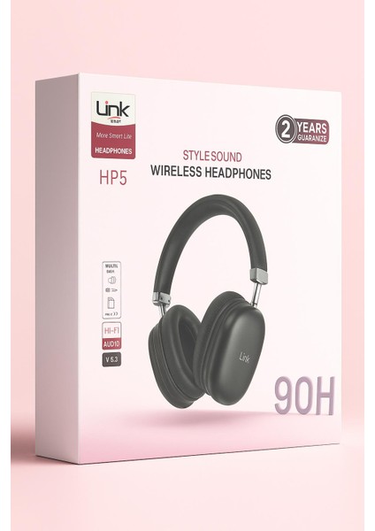 Linktech Hp5 Bluetooth 5.3 Kablosuz Kulak Üstü Kulaklık – 90 Saat Pil Ömrü, Hi-Fi Ses, Mikrofonlu, Aux + Tf Kart Destekli