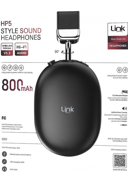 Linktech Hp5 Bluetooth 5.3 Kablosuz Kulak Üstü Kulaklık – 90 Saat Pil Ömrü, Hi-Fi Ses, Mikrofonlu, Aux + Tf Kart Destekli fiyatları