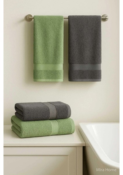 4 Parça Banyo Havlu Takımı &AMP;#37;100 Pamuklu Dry Antrasit Yeşil fiyatları