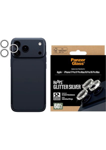 Apple 17 Pro Max Hoops Glitter Simli Silver Gümüş Kamera Lens Koruyucu (Hizalama Aparatlı)