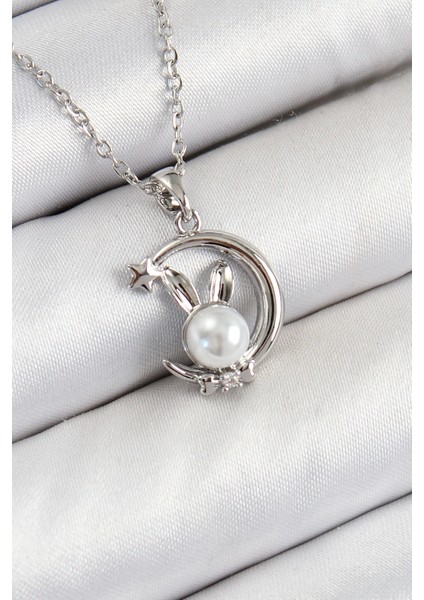 Bfs 316L Çelik Inci Detaylı Hilal Tavşan Model Gümüş Renk Kadın Kolye