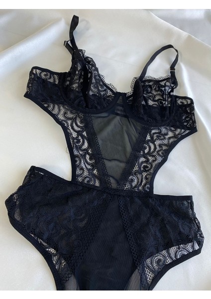 Beyaz Gelincik Underwear Kadın Siyah Dantelli Transparan Body Bodysuit Fantezi Iç Çamaşır modelleri