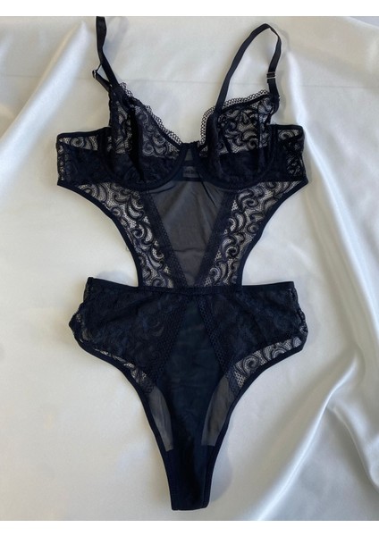 Beyaz Gelincik Underwear Kadın Siyah Dantelli Transparan Body Bodysuit Fantezi Iç Çamaşır fırsatları