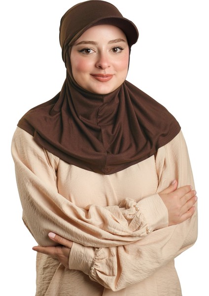 Açık Kahve Pratik Hazır Geçmeli Şapkalı Tesettür Eşarp Viskon Düz 2513_47