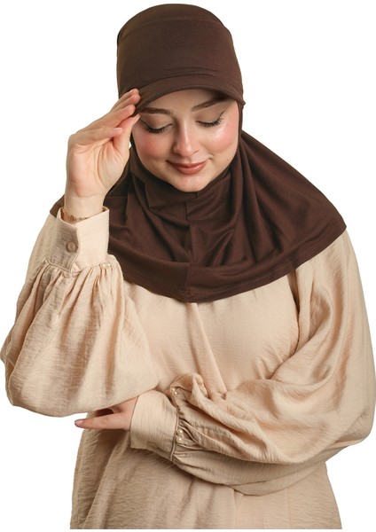 Açık Kahve Pratik Hazır Geçmeli Şapkalı Tesettür Eşarp Viskon Düz 2513_47 modelleri
