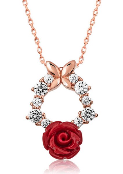 925 Ayar ​​gümüş Rose Kırmızı Gül Kolye T5205 (800800)