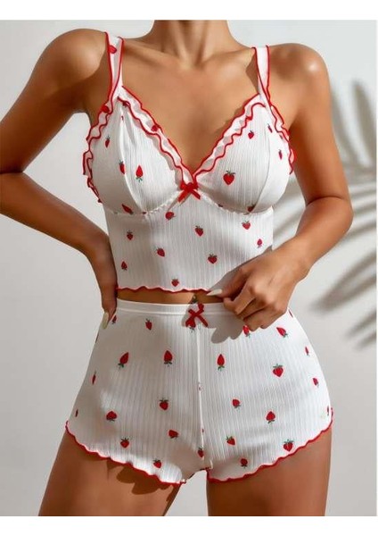 Arias Closet Beyaz Üstüne Çilek Desenli Fitilli Askılı Şortlu Pijama Takımı fiyatları