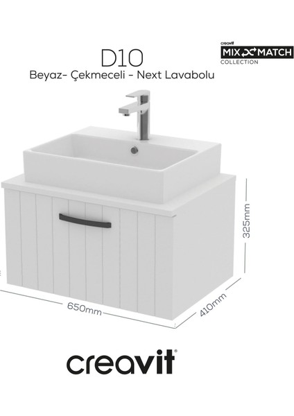 D10 Next Lavabo Dolabı Çekmeceli 65 cm Beyaz Lake