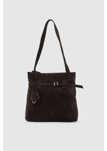 Suvea Kahve Süet Hakiki Deri Omuz Çantası