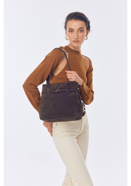 Suvea Kahve Süet Hakiki Deri Omuz Çantası modelleri