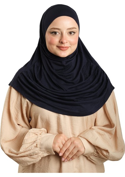 Lacivert Pratik Hazır Geçmeli Tesettür Eşarp Viskon Boneli Büyük Boy 1290BV_02