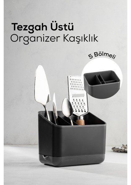Tezgah Üstü Kaşık Düzenleyici 5 Bölmeli Organizer Kaşıklık Antrasit