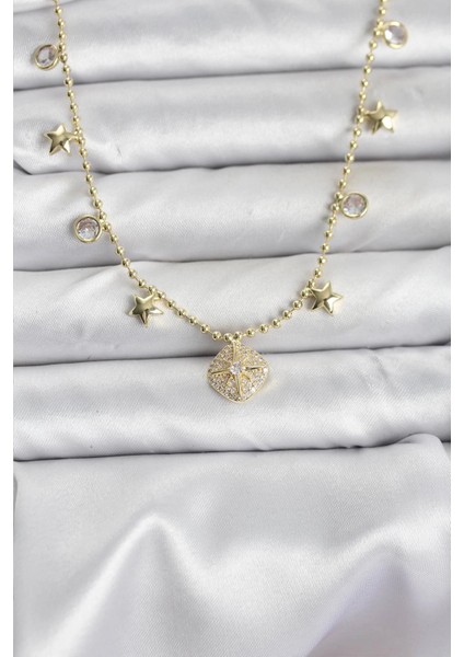 Bfs Pirinç Gold Renk Zirkon Taşlı Kutup Yıldızı Model Kadın Kolye