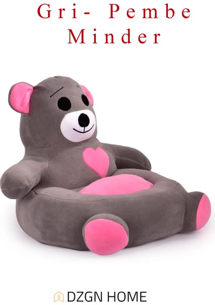 Portatif Taşınabilir Pelüş Ayıcık Koltuk- Çocuk Koltuğu - Gri Pembe