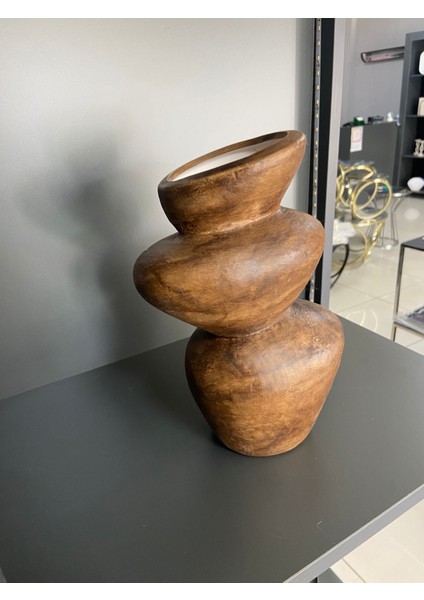 Bohem Tarz Seramik Taş Görünümlü Dekoratif Vazo | Ahşap ve Krem Renk Seçenekli