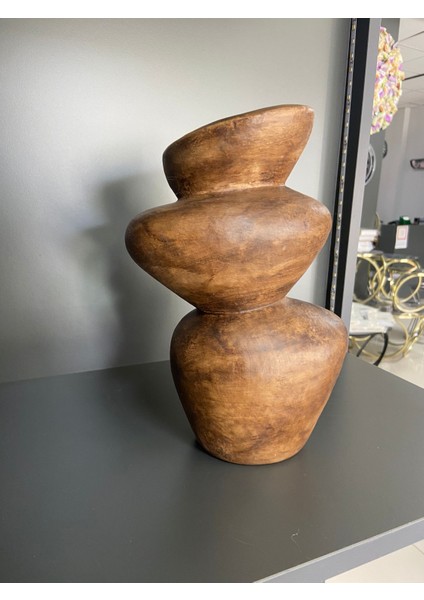 Bohem Tarz Seramik Taş Görünümlü Dekoratif Vazo | Ahşap ve Krem Renk Seçenekli modelleri