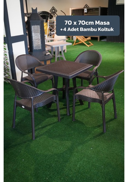 Bambu Balkon Bahçe Masa Takımı 4 Kişilik 70X70 Masa 4 Adet Bambu Koltuk Beyaz