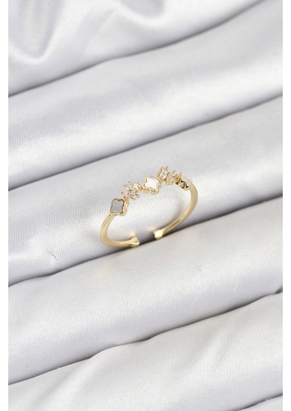 bulurum pirinç gold renk minimal yonca detaylı kadın yüzük