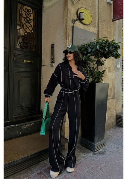 Biyeli Bluz Pantolon Takım Şönil Kumaş - Siyah fırsatları