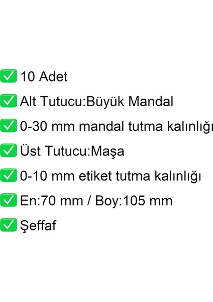 Etiket Tutucu / Maşalı / Büyük Mandal / Şeffaf / 70X105 mm / 10 Adet fiyatları