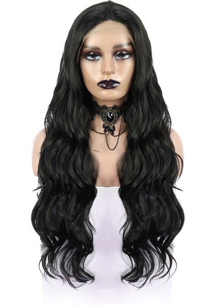 Siyah Uzun Dalgalı Fiber Sentetik Tül Peruk