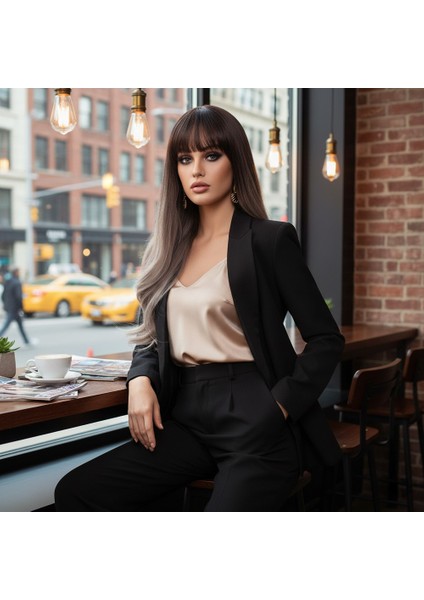 Doğal Dalgalı Perçemli Fiber Sentetik Uzun Boy Peruk / Koyu Kumral / Rus Kumralı Ombre ve Röfleli