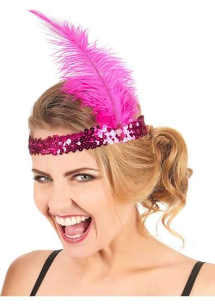 Fuşya Renk Tüylü Çarliston Saç Bandı (5067)