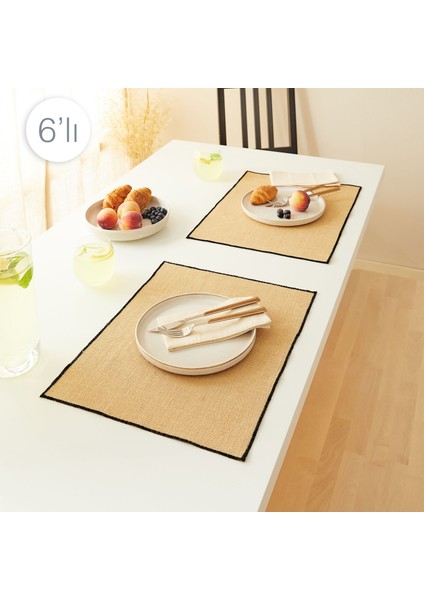 6'lı Siyah Dikiş Detaylı Jüt Amerikan Servis 45 x 35 cm