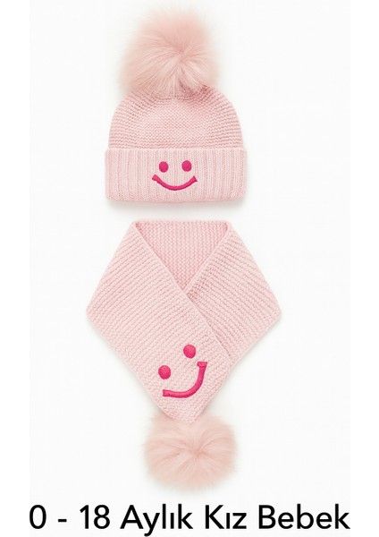 Kız Bebek 0-18 Ay Ponponlu Örgü Bere Atkı 2 'li Takım