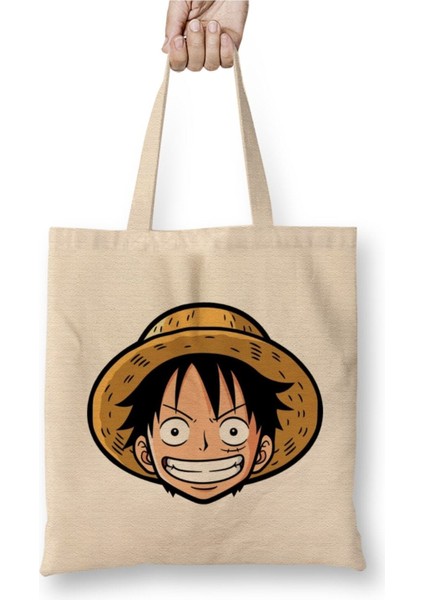 One Piece Hasır Şapkalı Luffy 01 Beyaz Bez Çanta Uzun Saplı Alışveriş Çantası Plaj Çantası