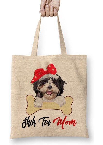Shih Tzu Mom Dog Owner Mothers Day Gift Köpek Annesi Beyaz Bez Çanta Uzun Saplı Alışveriş Çantası