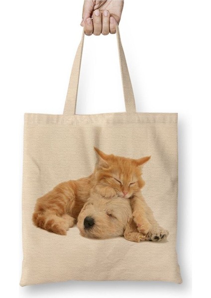 Cats And Dogs Friends Pet Kedi Köpek Beyaz Bez Çanta Uzun Saplı Alışveriş Çantası Plaj Çantası