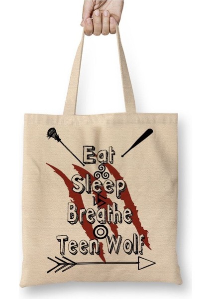 Teen Wolf Eat Sleep Breathe Beyaz Bez Çanta Uzun Saplı Alışveriş Çantası Plaj Çantası