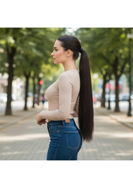 Lastik Tokalı At Kuyruğu Düz / Kahverengi