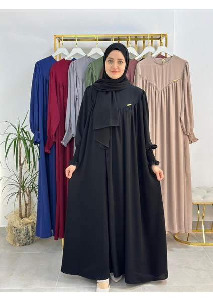Sallı ,önü V Model Büzgülü Tesettür Elbise Takım ,ferrace,abaya, Hicab,hac ve Umre Için Uygun Siyah