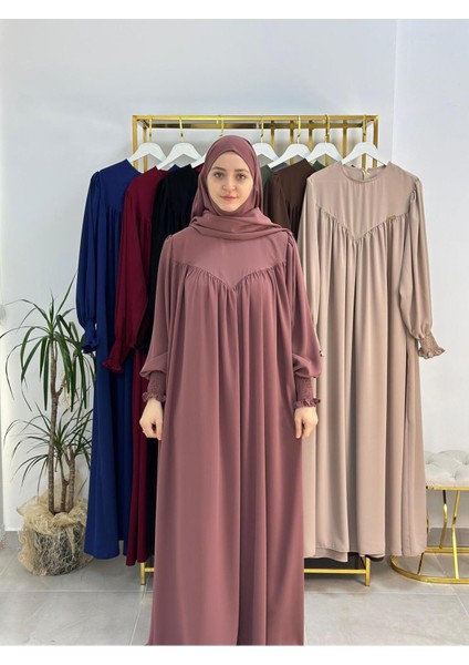Tesettür Elbise,önü V Model Büzgülü,sufle Esarpla Takım.hijap ,khimar.hac Umre Için Uygundur Gül