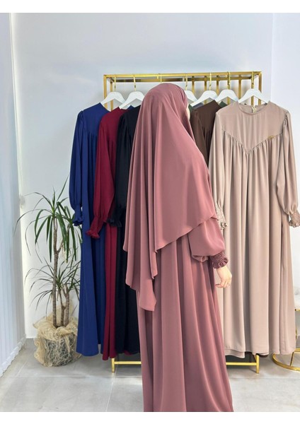Tesettür Elbise,önü V Model Büzgülü,sufle Esarpla Takım.hijap ,khimar.hac Umre Için Uygundur Gül modelleri
