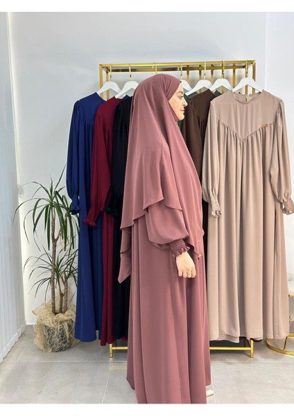 Tesettür Elbise,önü V Model Büzgülü,sufle Esarpla Takım.hijap ,khimar.hac Umre Için Uygundur Gül fırsatları