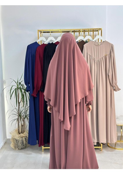 Tesettür Elbise,önü V Model Büzgülü,sufle Esarpla Takım.hijap ,khimar.hac Umre Için Uygundur Gül indirimleri