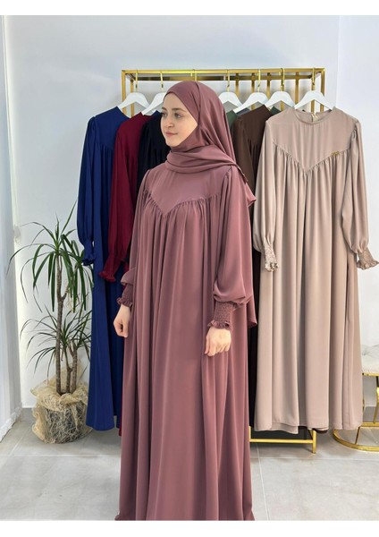 Tesettür Elbise,önü V Model Büzgülü,sufle Esarpla Takım.hijap ,khimar.hac Umre Için Uygundur Gül
