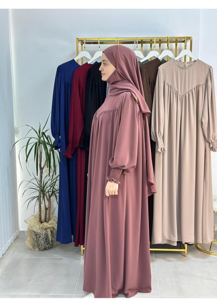 Tesettür Elbise,önü V Model Büzgülü,sufle Esarpla Takım.hijap ,khimar.hac Umre Için Uygundur Gül