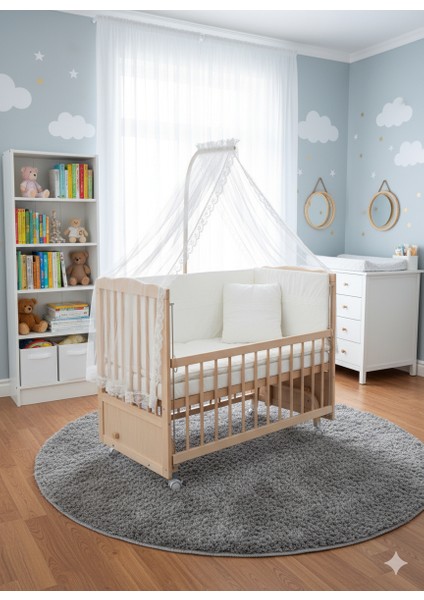 Tekerlekli Organik Anne Yanı Beşik 60X120 Kayın&gürgen– Beyaz Güpür Uyku Seti + Yatak Dahil