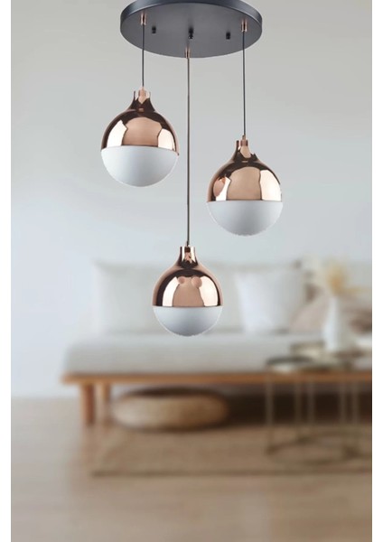 Modern Üçlü Sarkıt Retro Bakır Renk Beyaz Camlı Salon Avize