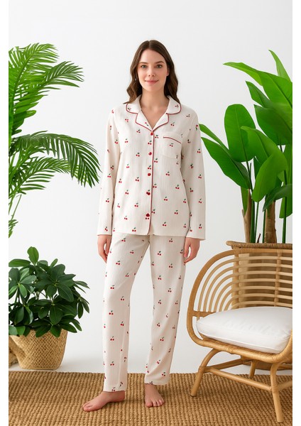 Uzun Kol Gömlek Yaka Kadın Pinterest Pijama Takımı - Kadın Pijama- Geniş Beden Aralığı